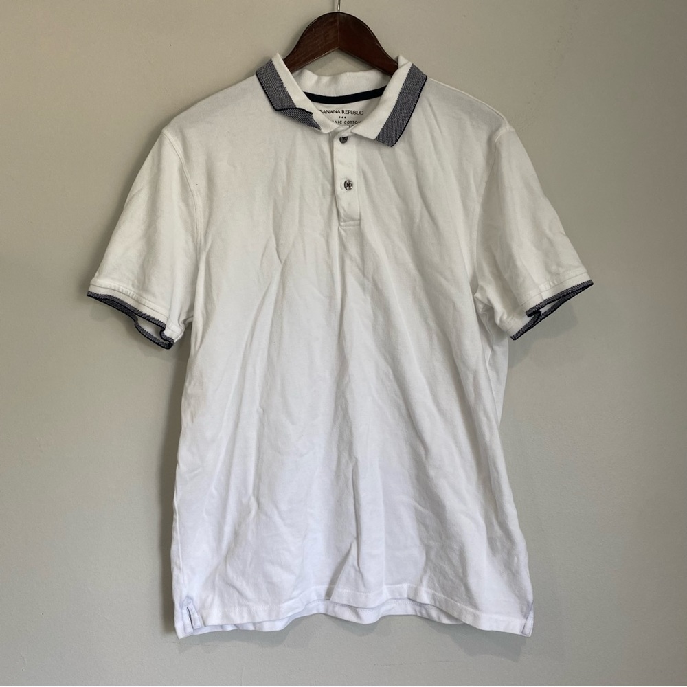 BANANA REPUBLIC Mens Large White Blue Short Sleeve Organic Cotton Pique Polo N3